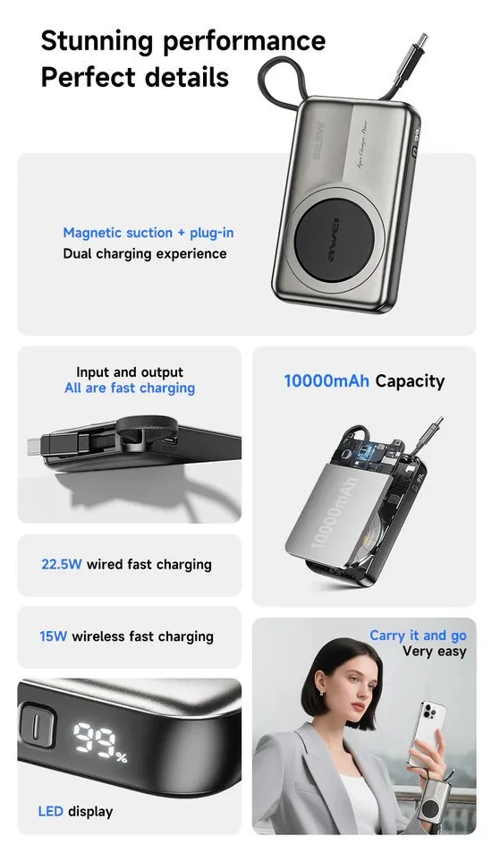 Магнитный беспроводной внешний аккумулятор (Power Bank) AWEI PA-22 10000 мАч