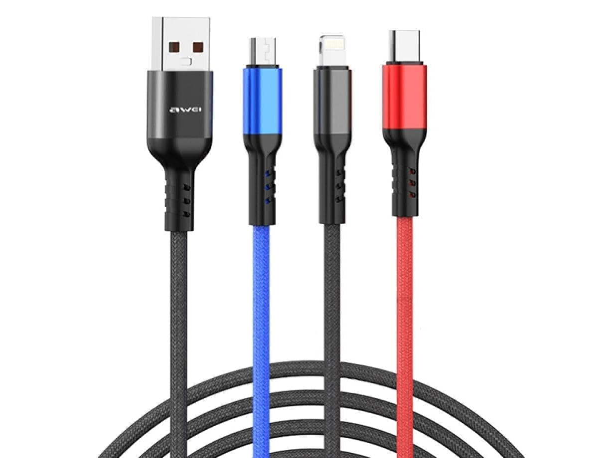 Кабель для смартфона AWEI CL‑971 (Type-A → Lightning + Type-C + micro‑USB; 1,2 метра)
