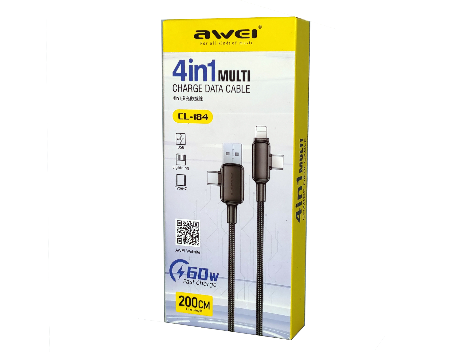 Кабель для смартфона AWEI CL‑184 (Type-C + Type‑A → Lightning + Type-C; 2 метра)