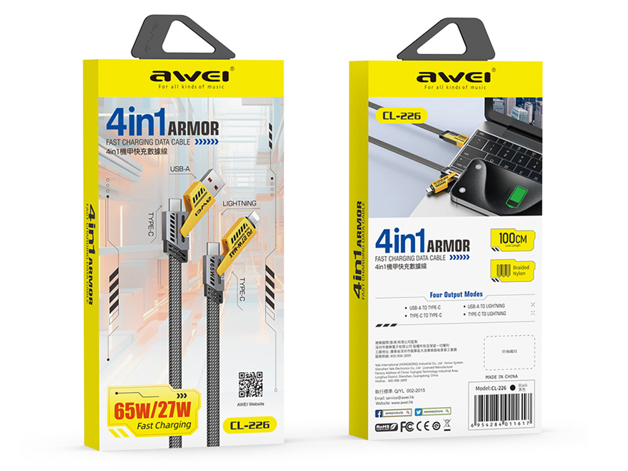 Кабель для смартфона AWEI CL‑226 (Type-C + Type‑A → Lightning + Type-C; 1 метр)