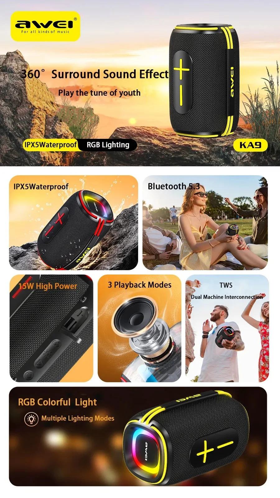 Портативная беспроводная колонка AWEI KA9 15W