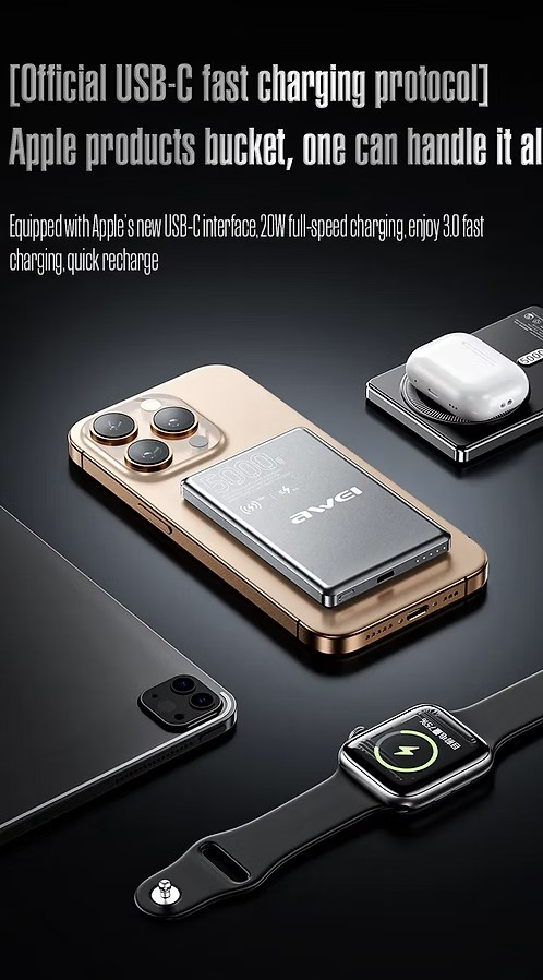 Магнитный беспроводной внешний аккумулятор (Power Bank) AWEI PA-30 5000 мАч