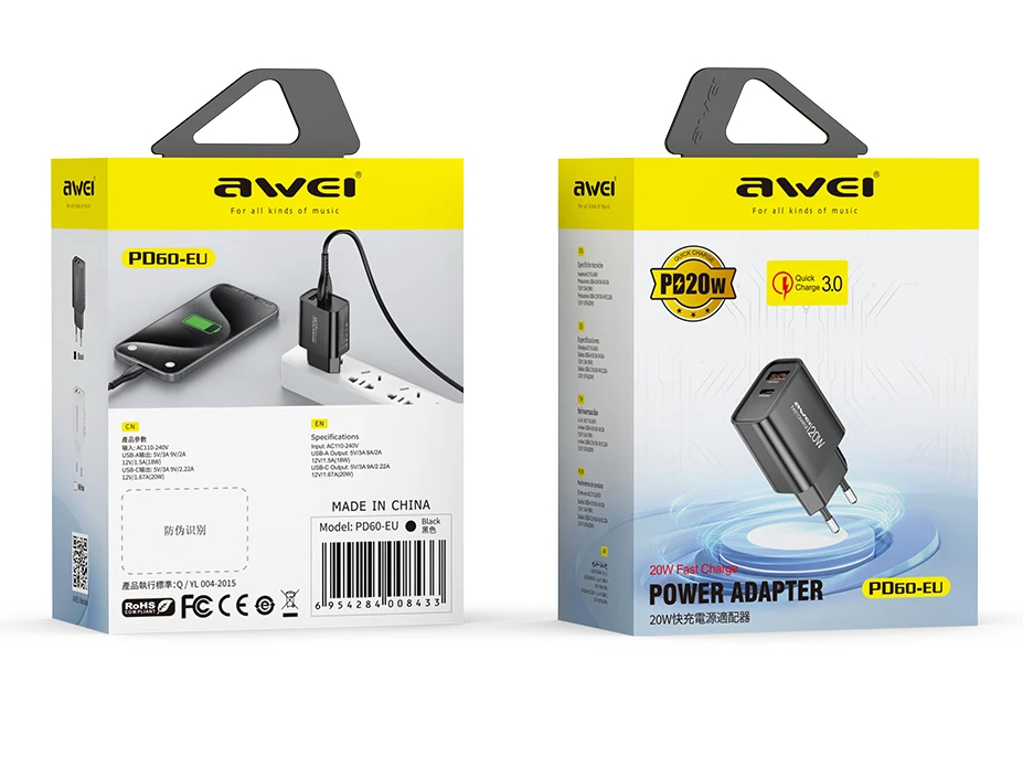 Зарядное устройство для смартфонов, планшетов, наушников AWEI PD60 (20 W)