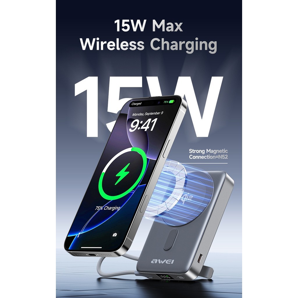 Магнитный беспроводной внешний аккумулятор (Power Bank) AWEI Qi2 WS-T188LP 10000 мАч