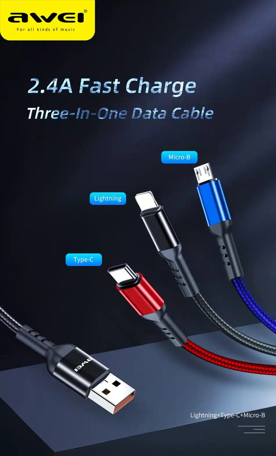 Кабель для смартфона AWEI CL‑971 (Type-A → Lightning + Type-C + micro‑USB; 1,2 метра)