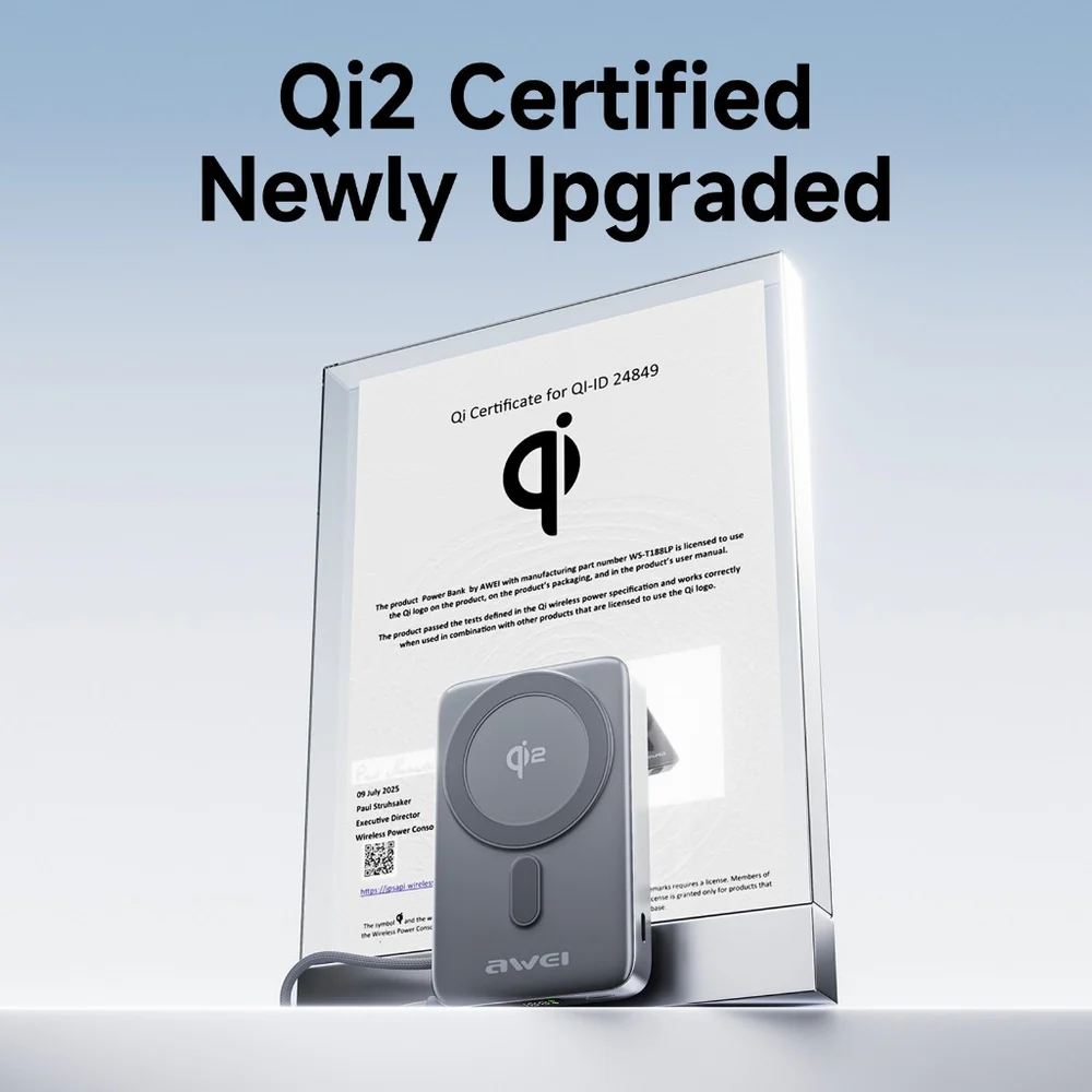 Магнитный беспроводной внешний аккумулятор (Power Bank) AWEI Qi2 WS-T188LP 10000 мАч