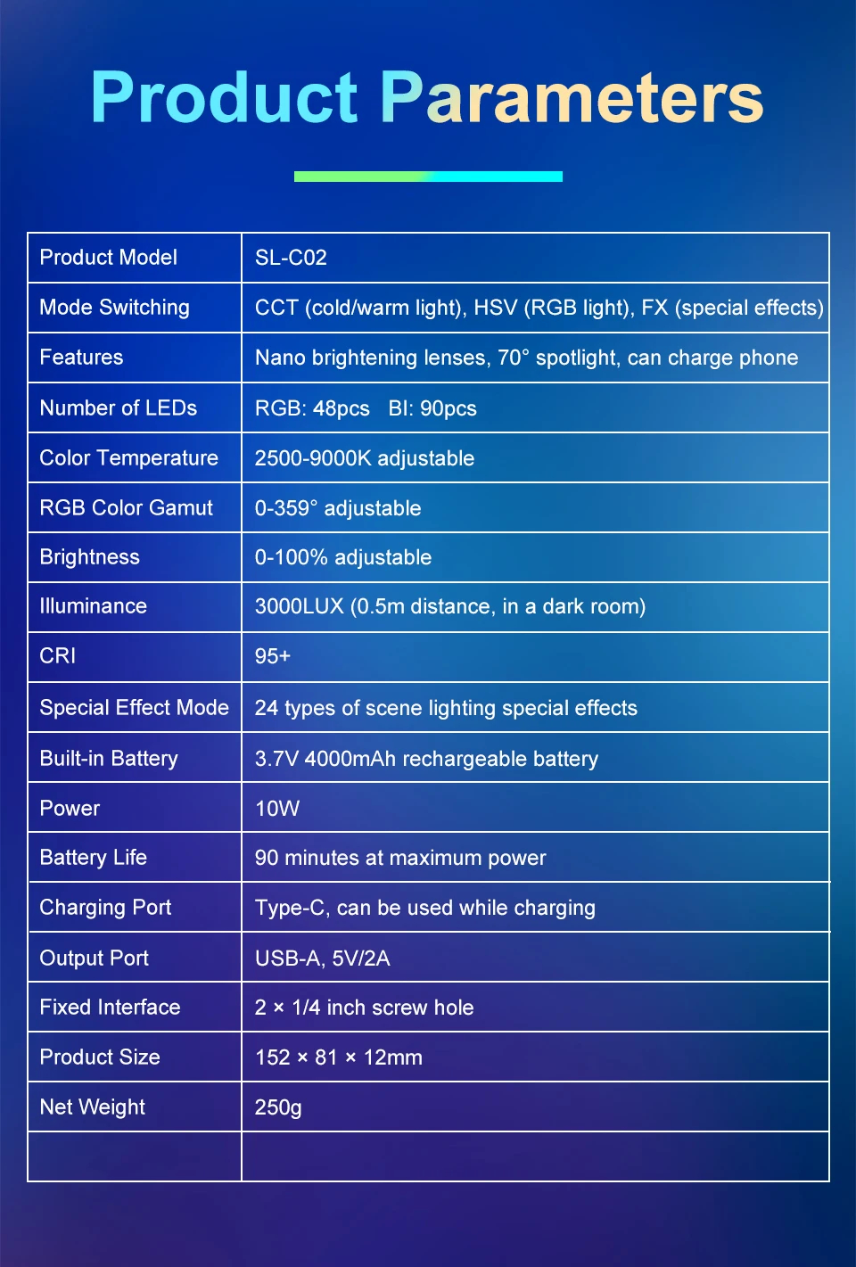 RGB осветитель светодиодный (видеосвет) SL-C02 для фото и видеокамер