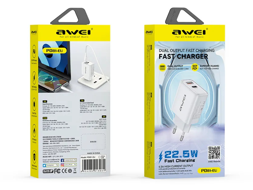Зарядное устройство для смартфонов, планшетов, наушников AWEI PD81 (22.5 W)