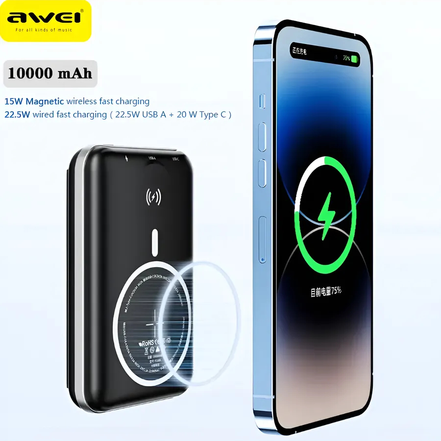 Магнитный беспроводной внешний аккумулятор (Power Bank) AWEI P188K 10000 мАч