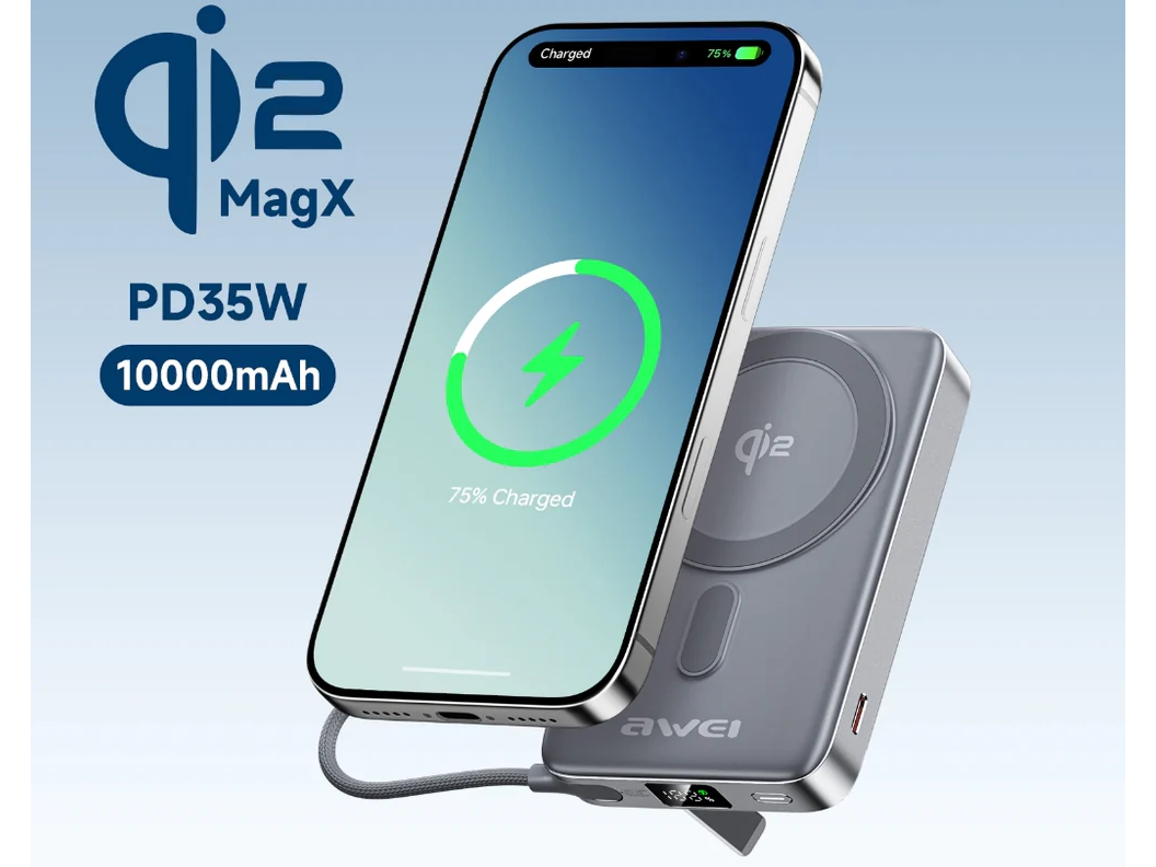 Магнитный беспроводной внешний аккумулятор (Power Bank) AWEI Qi2 WS-T188LP 10000 мАч