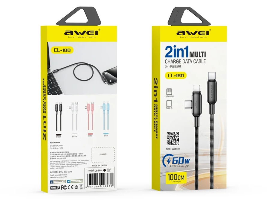 Кабель для смартфона AWEI CL‑180 (Type-C → Lightning + Type-C; 1 метр)