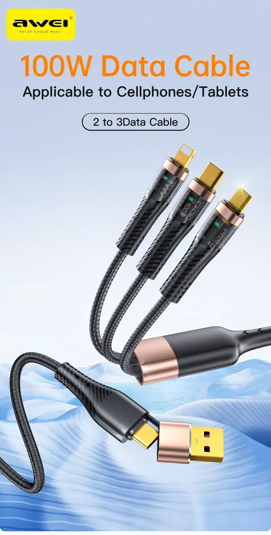 Кабель для смартфона AWEI CL‑228 (Type-C + Type‑A → Lightning + Type-C + micro‑USB; 1,5 метра)