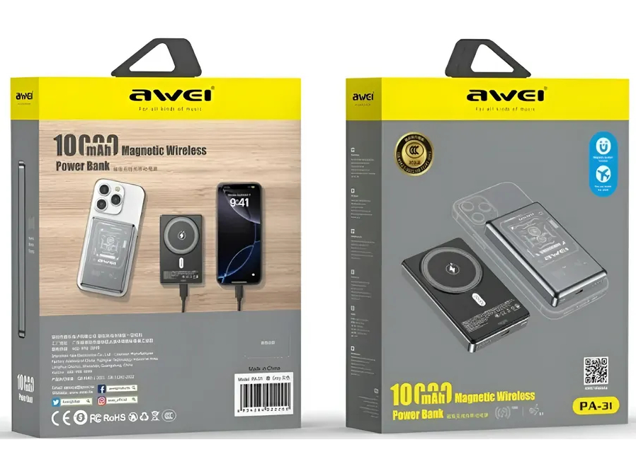 Магнитный беспроводной внешний аккумулятор (Power Bank) AWEI PA-31 10000 мАч