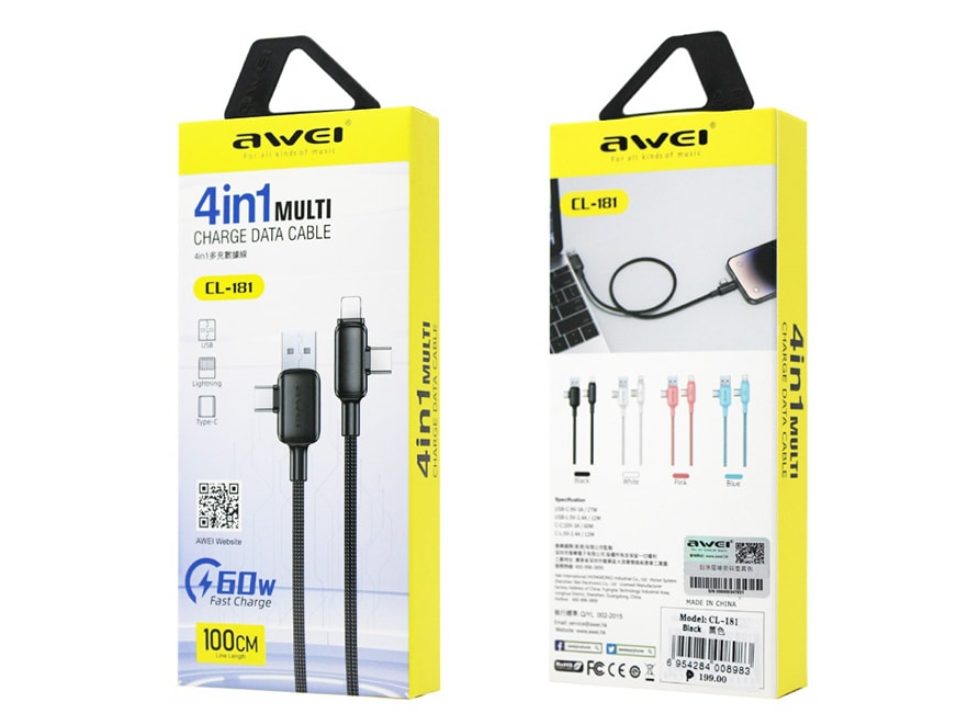 Кабель для смартфона AWEI CL‑181 (Type-C + Type‑A → Lightning + Type-C; 1 метр)