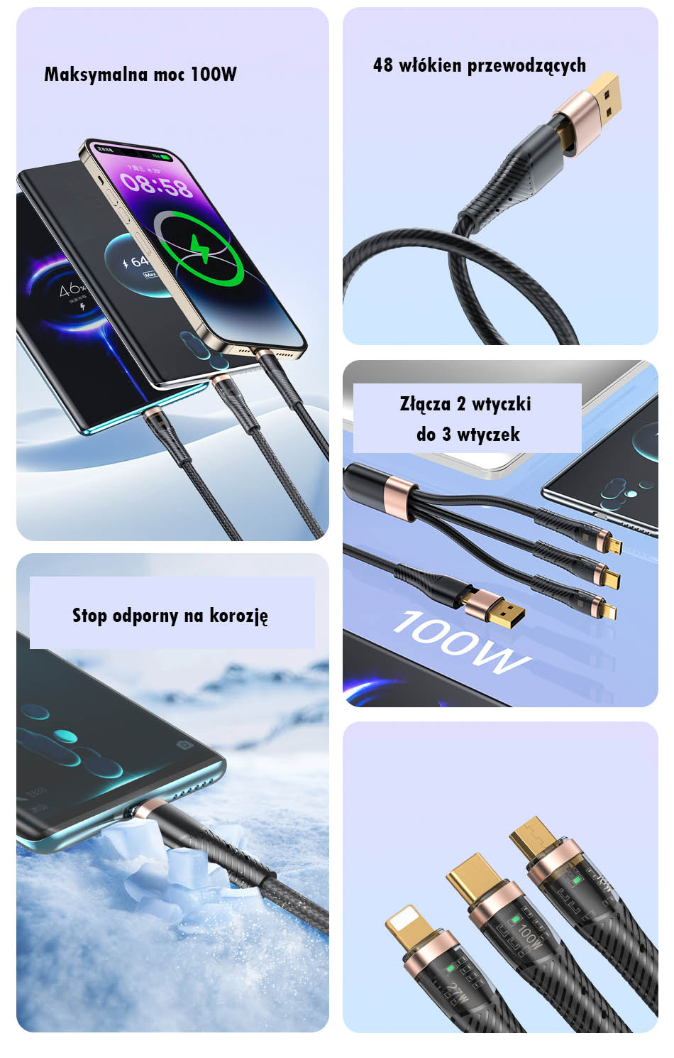 Кабель для смартфона AWEI CL‑228 (Type-C + Type‑A → Lightning + Type-C + micro‑USB; 1,5 метра)