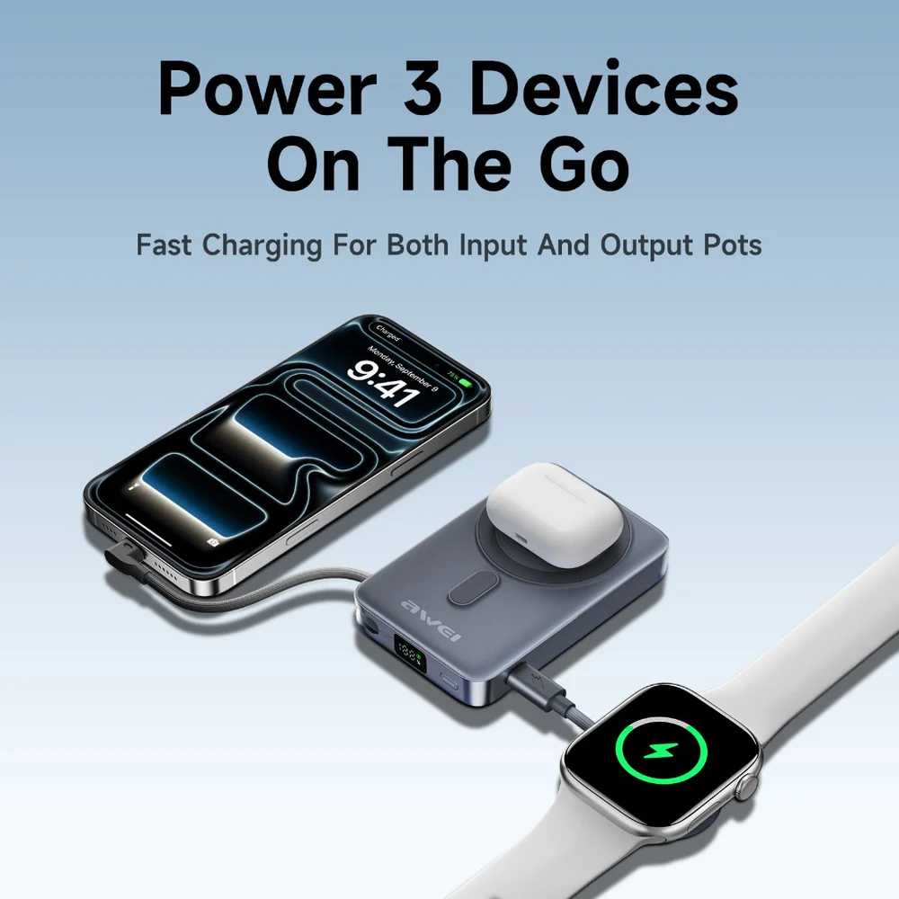 Магнитный беспроводной внешний аккумулятор (Power Bank) AWEI Qi2 WS-T188LP 10000 мАч