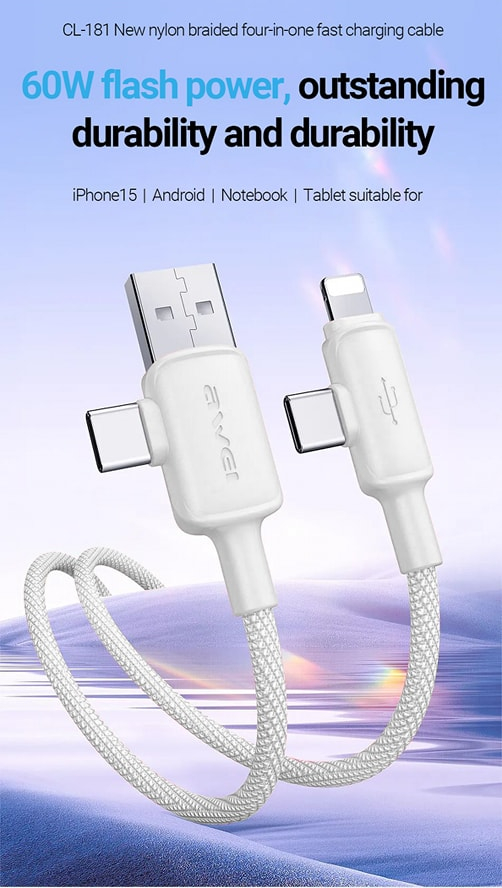 Кабель для смартфона AWEI CL‑181 (Type-C + Type‑A → Lightning + Type-C; 1 метр)