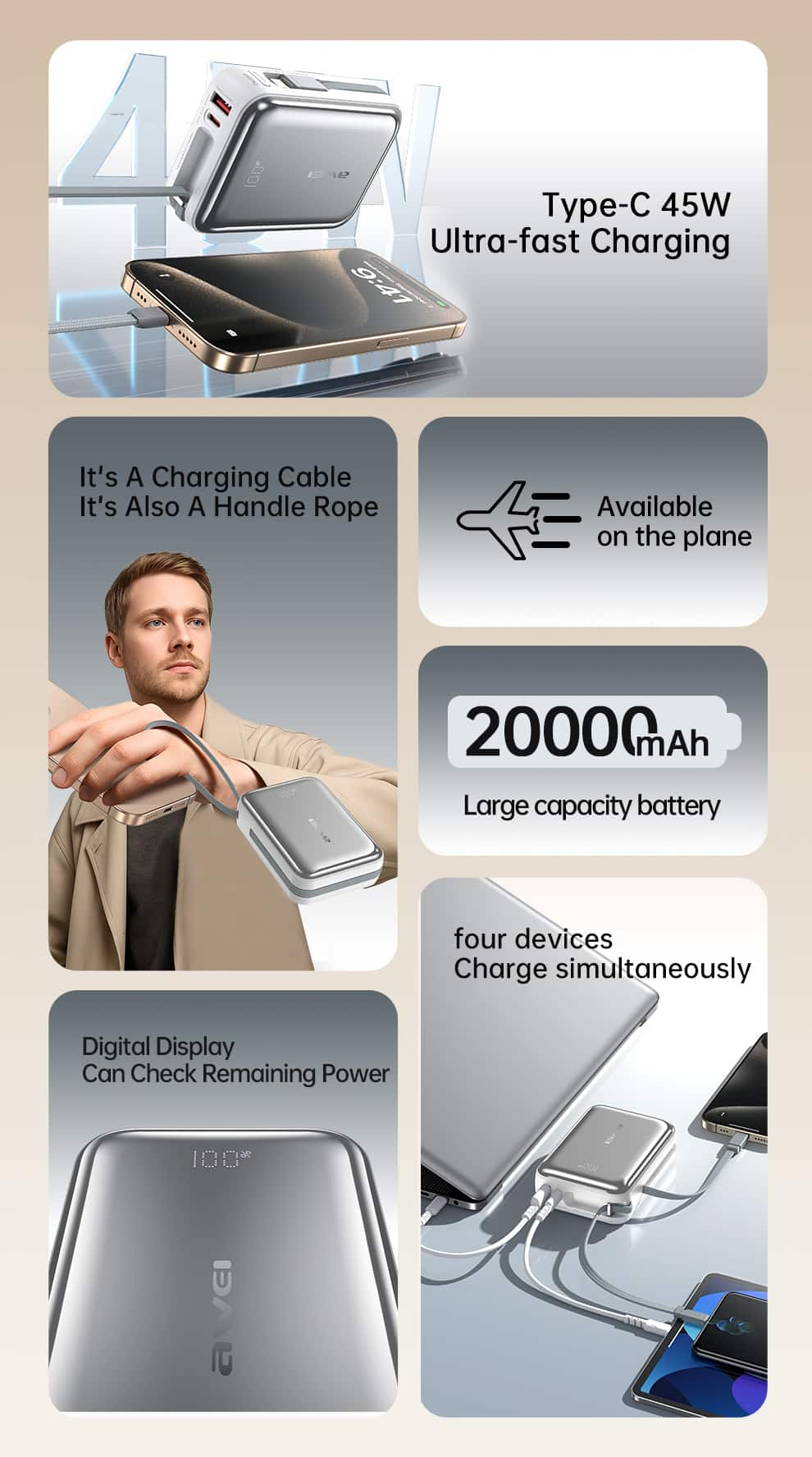 Внешний аккумулятор (Power Bank) AWEI C03 20000 мАч