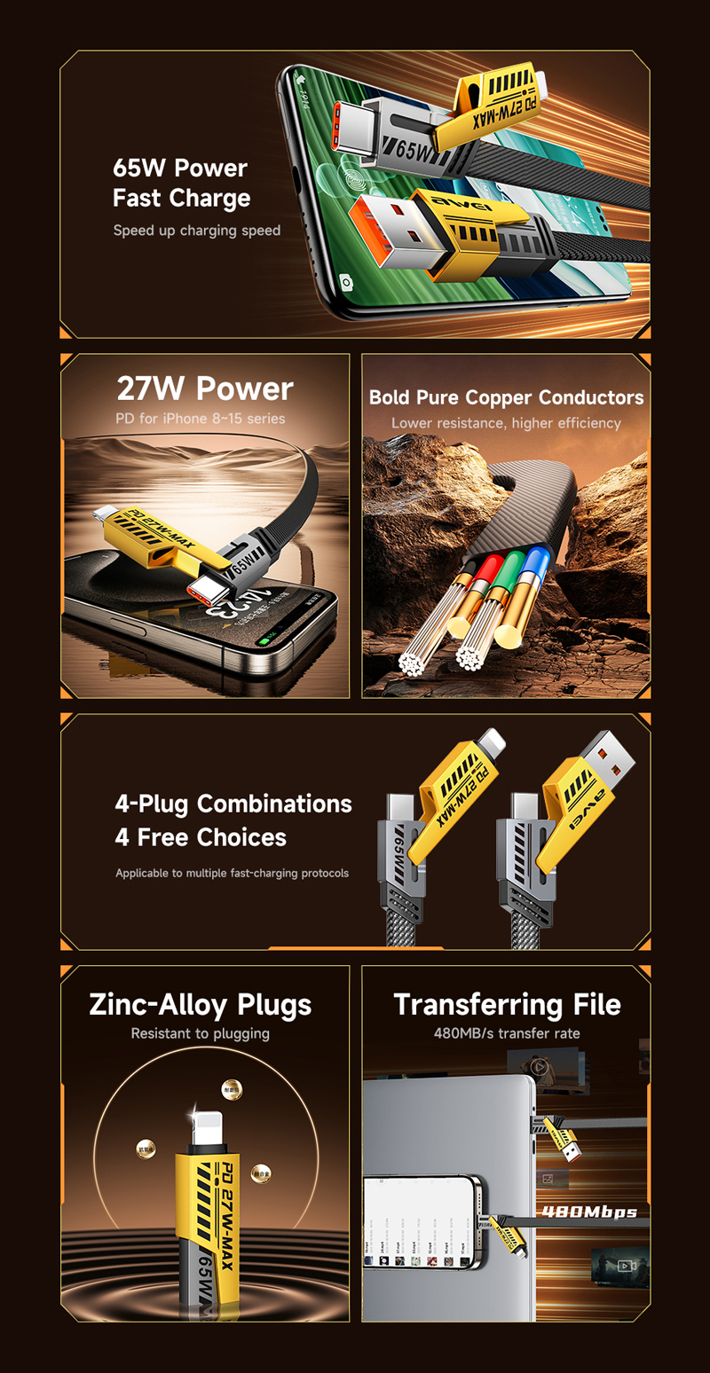 Кабель для смартфона AWEI CL‑226 (Type-C + Type‑A → Lightning + Type-C; 1 метр)