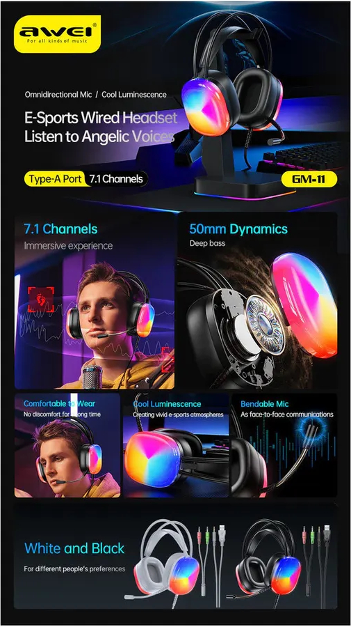 Наушники игровые с микрофоном AWEI GM-11