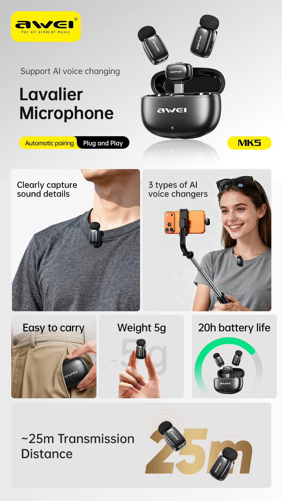 Беспроводной петличный микрофон AWEI MK5