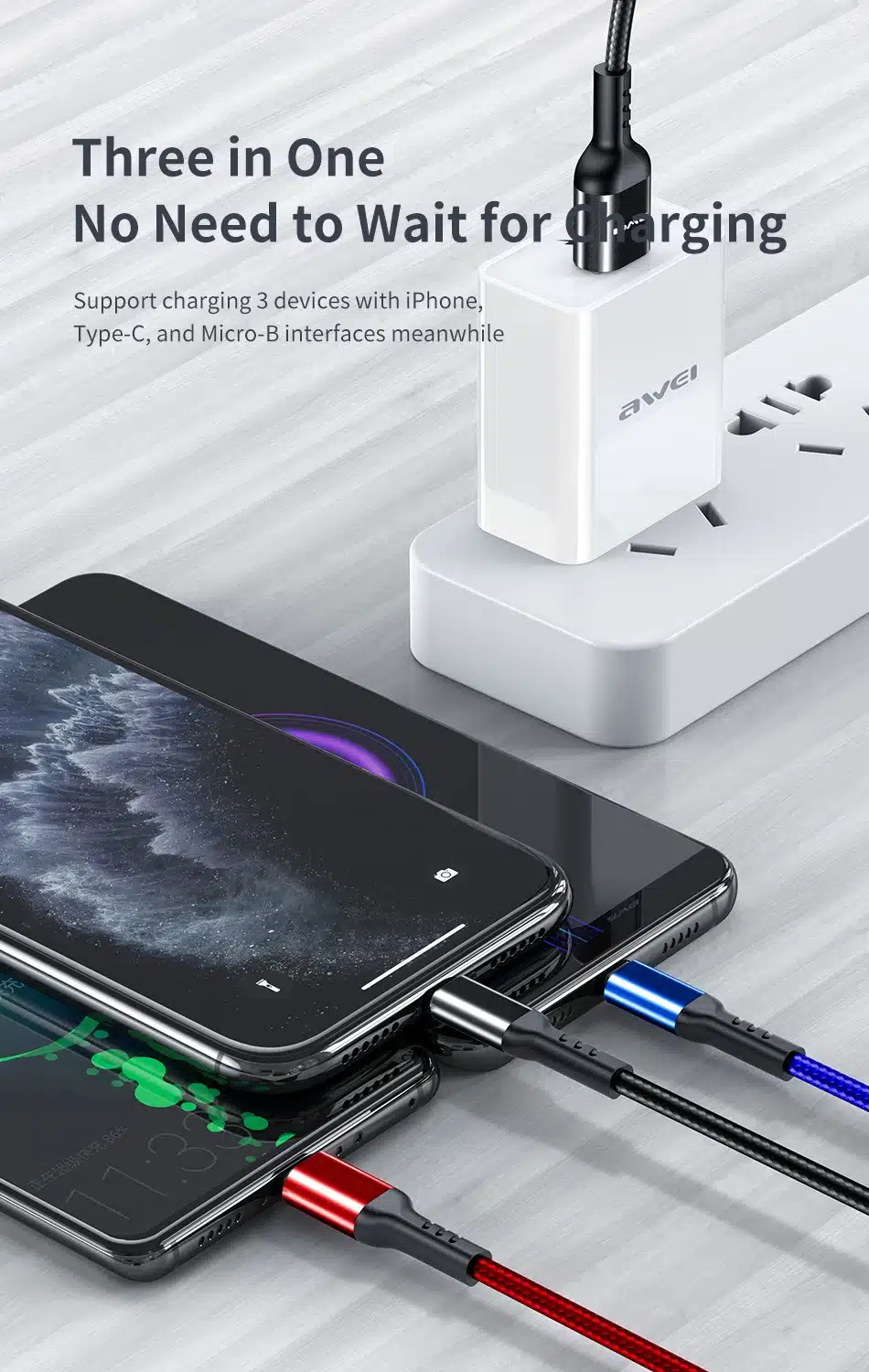 Кабель для смартфона AWEI CL‑971 (Type-A → Lightning + Type-C + micro‑USB; 1,2 метра)