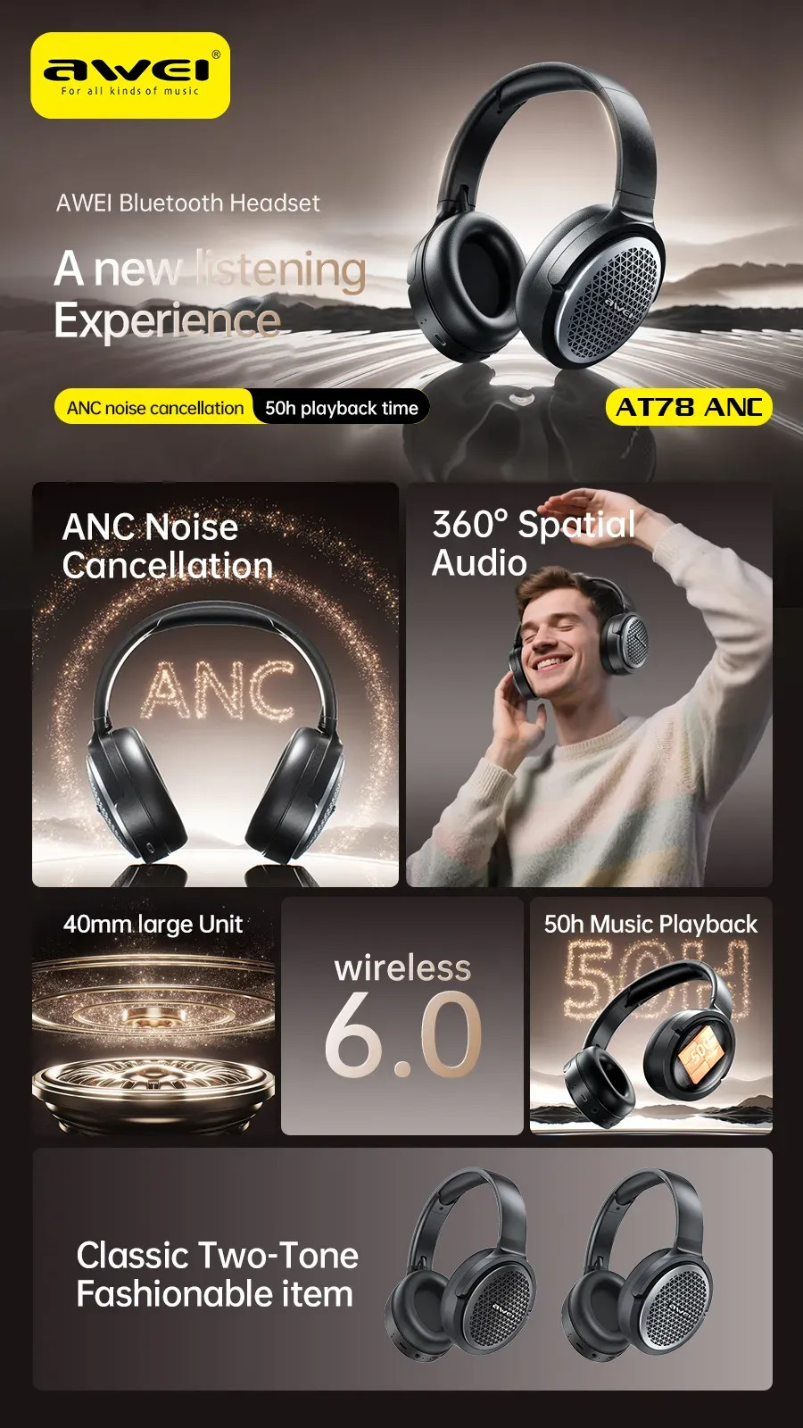Полноразмерные беспроводные наушники AWEI AT78 ANC