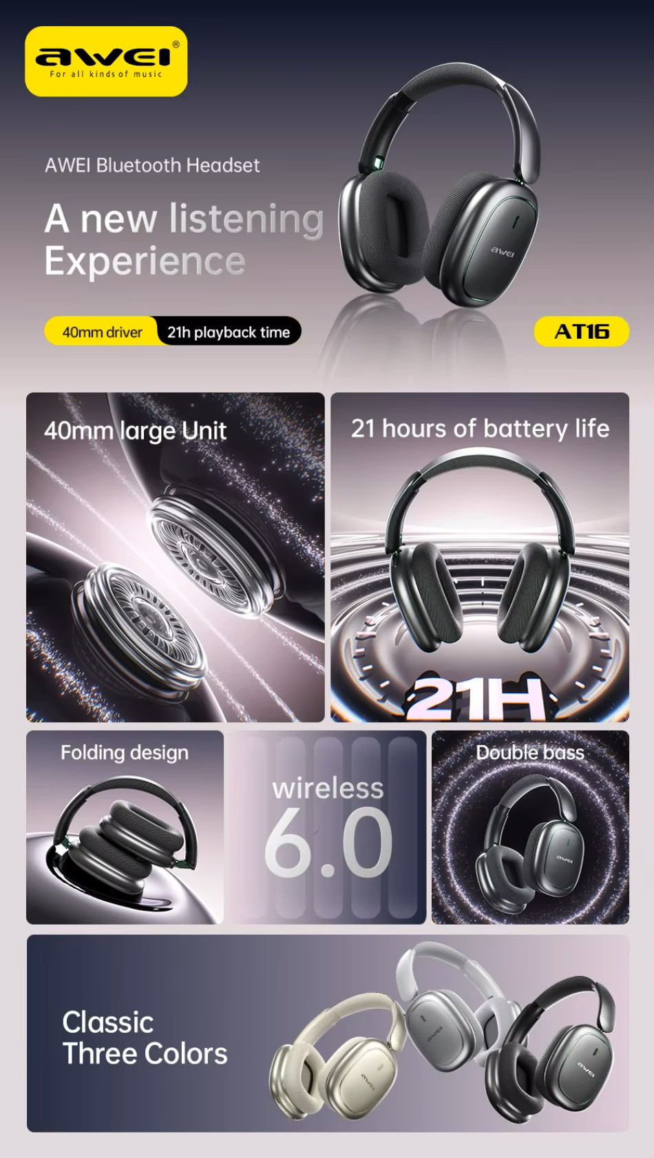 Полноразмерные беспроводные наушники AWEI AT16 HiFi
