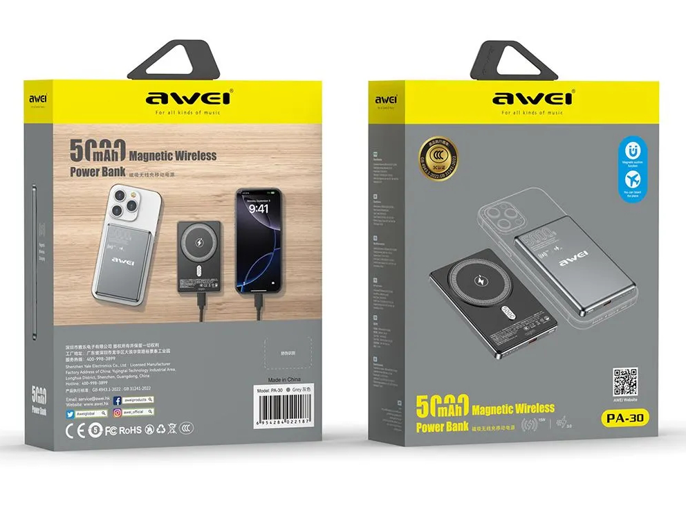 Магнитный беспроводной внешний аккумулятор (Power Bank) AWEI PA-30 5000 мАч