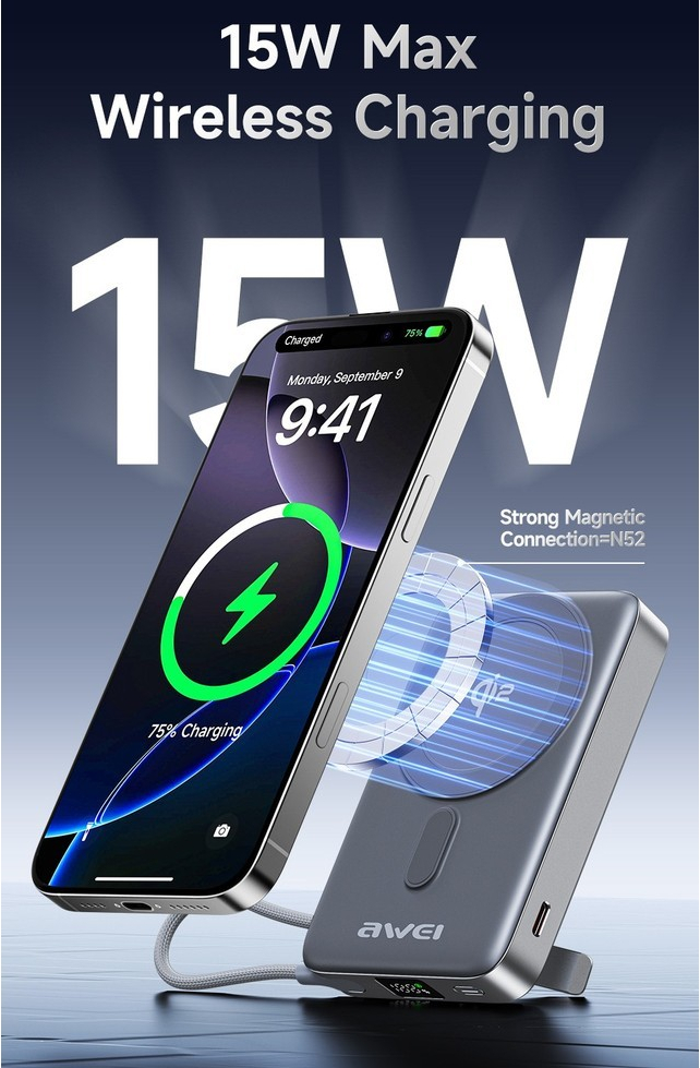 Магнитный беспроводной внешний аккумулятор (Power Bank) AWEI Qi2 WS-T188LP 10000 мАч