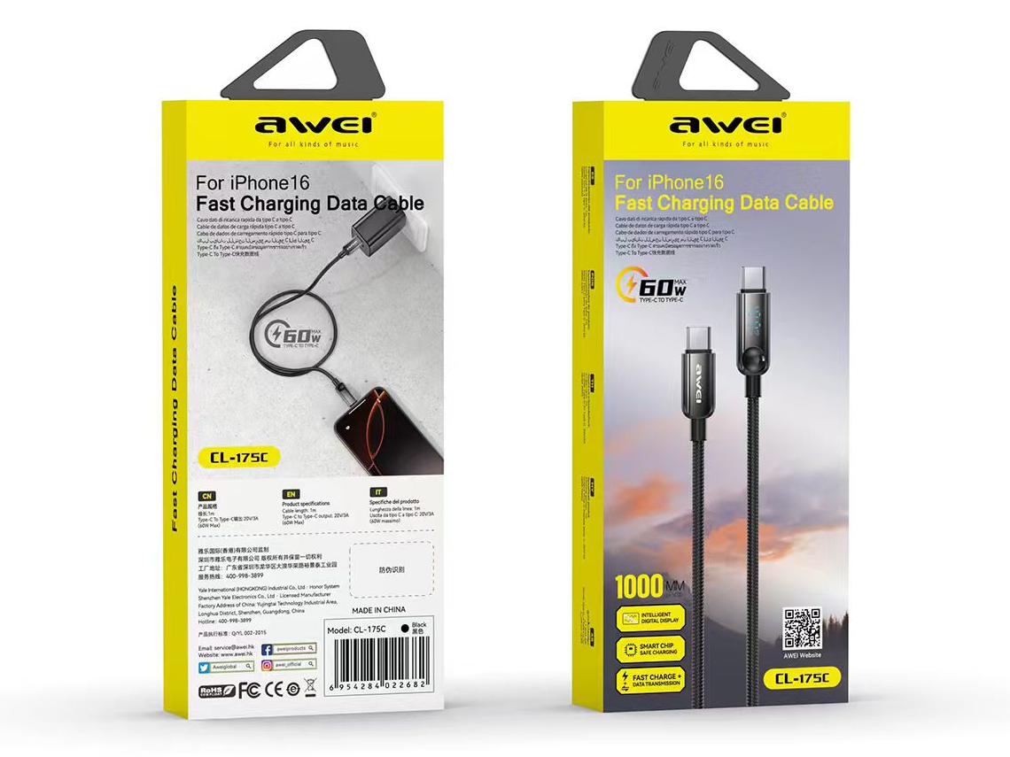 Кабель для смартфона AWEI CL‑175C (Type-C → Type-C; 1 метр)