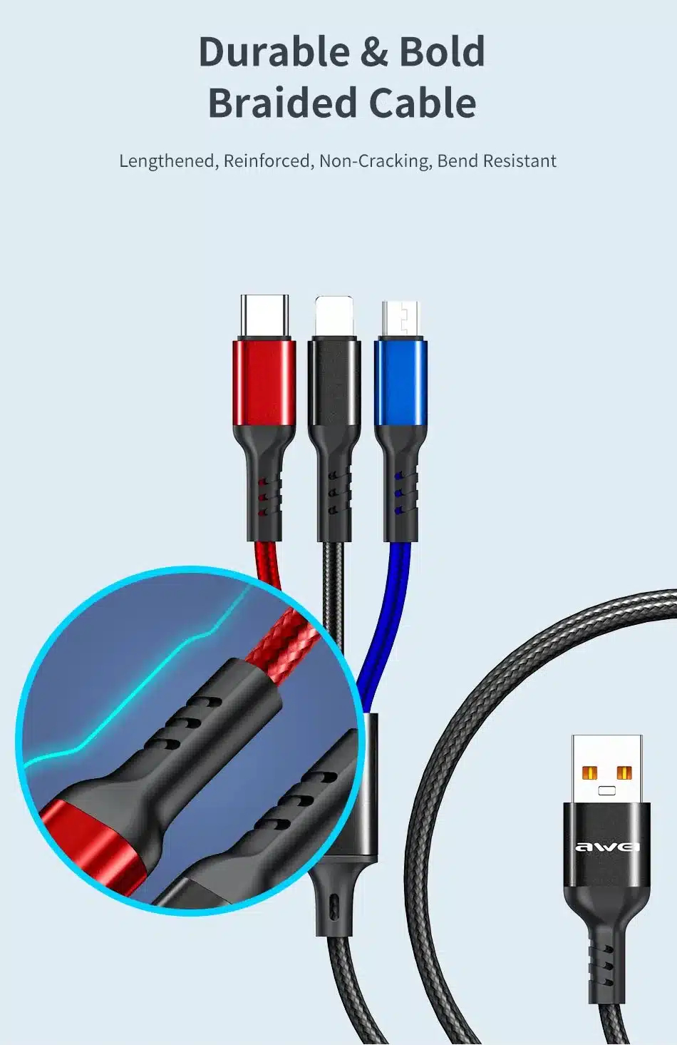 Кабель для смартфона AWEI CL‑971 (Type-A → Lightning + Type-C + micro‑USB; 1,2 метра)
