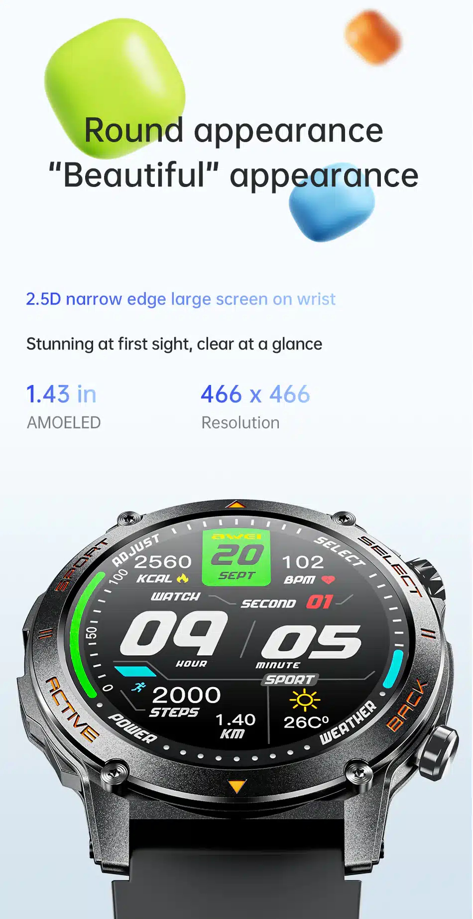 Смарт-часы (Умные часы) AWEI H52 AMOLED 1,43"