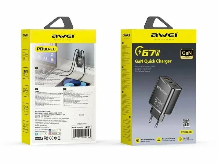 Зарядное устройство для смартфонов, планшетов, наушников AWEI PD80 (67 W)