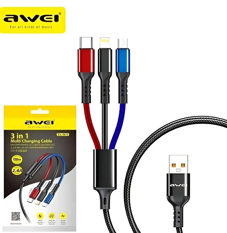 Кабель для смартфона AWEI CL‑971 (Type-A → Lightning + Type-C + micro‑USB; 1,2 метра)