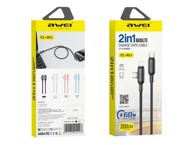 Кабель для смартфона AWEI CL‑183 (Type-C → Lightning + Type-C; 2 метра)