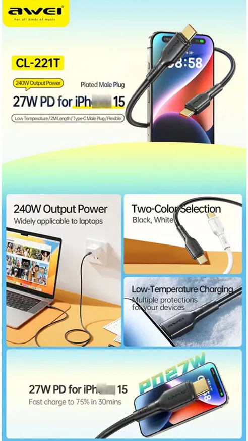 Кабель для смартфона AWEI CL‑165T (Type-C → Type-C; 1 метр)